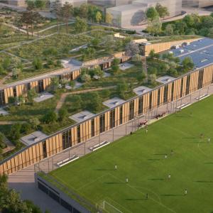 De par son architecture, le centre sportif devrait s'intégrer dans le paysage du parc de Belval. Un parcours de santé est prévu sur le toit végétalisé. (Image de synthèse © Fonds Belval)